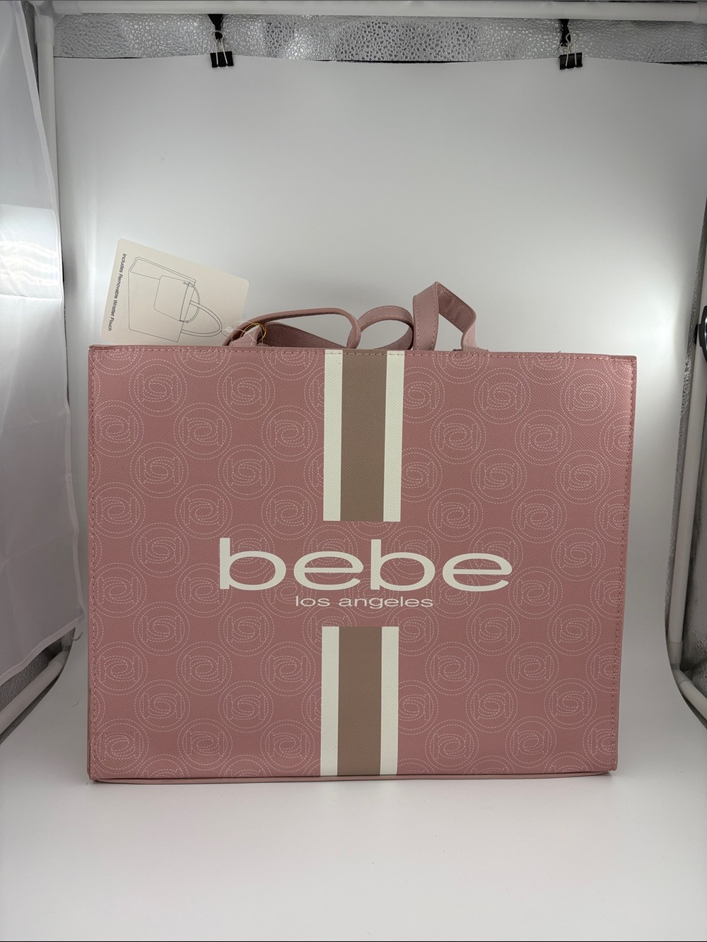 bebe Dusty Rose Tote with Cream & Tan Stripes